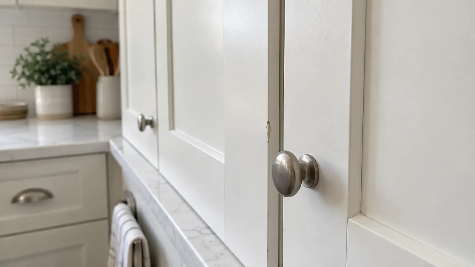 Small edge chip and everyday wear on a painted white cabinet door