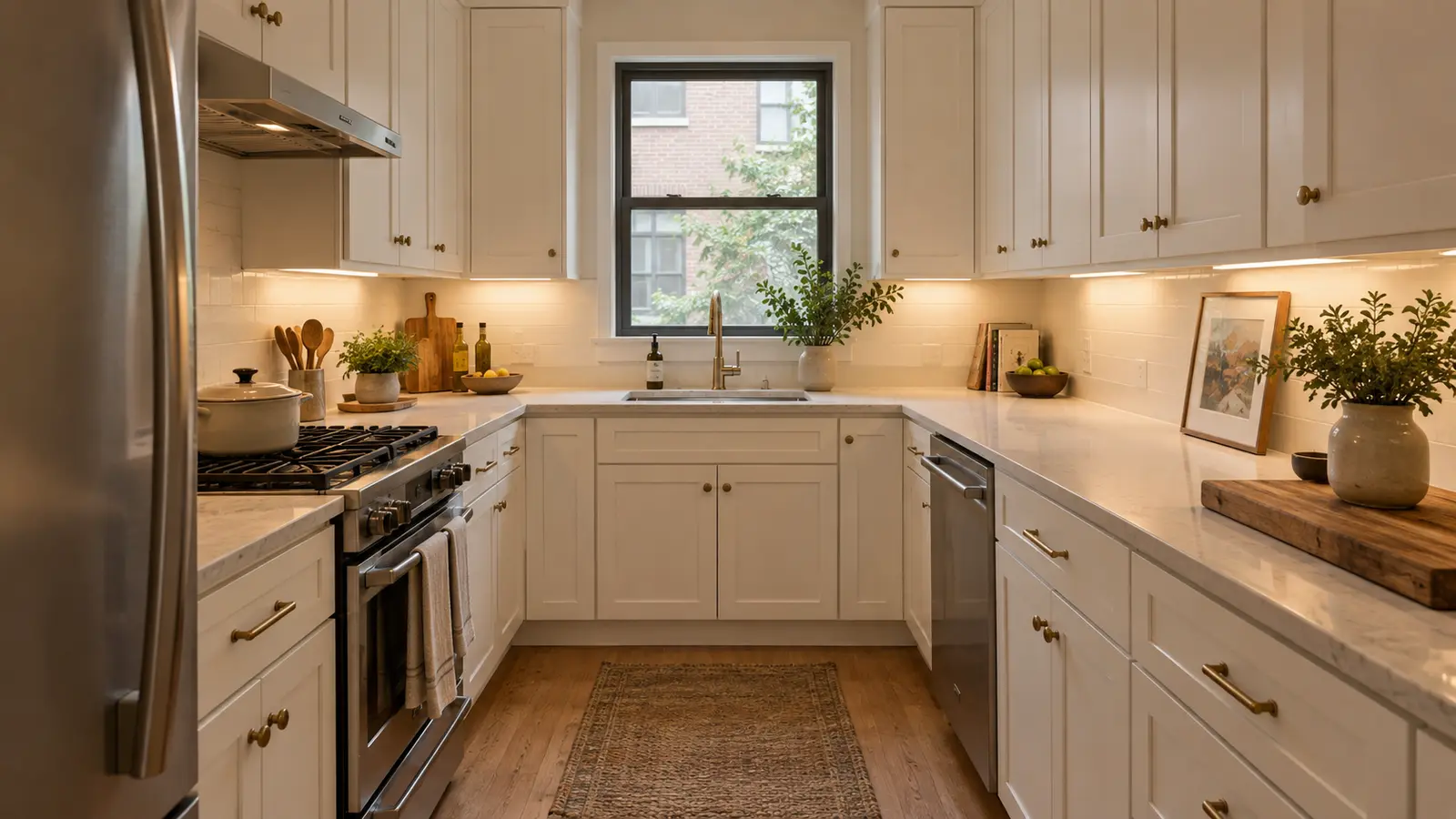 Warm painted white cabinets brightening a compact low-light kitchen