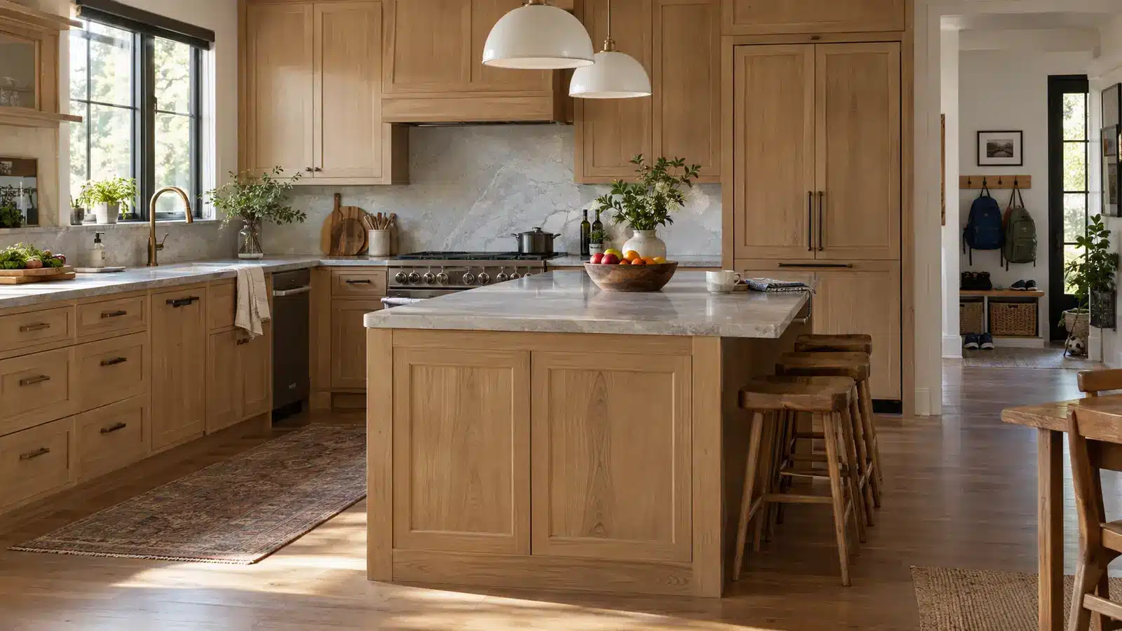 Durable natural white oak cabinets in a busy family kitchen