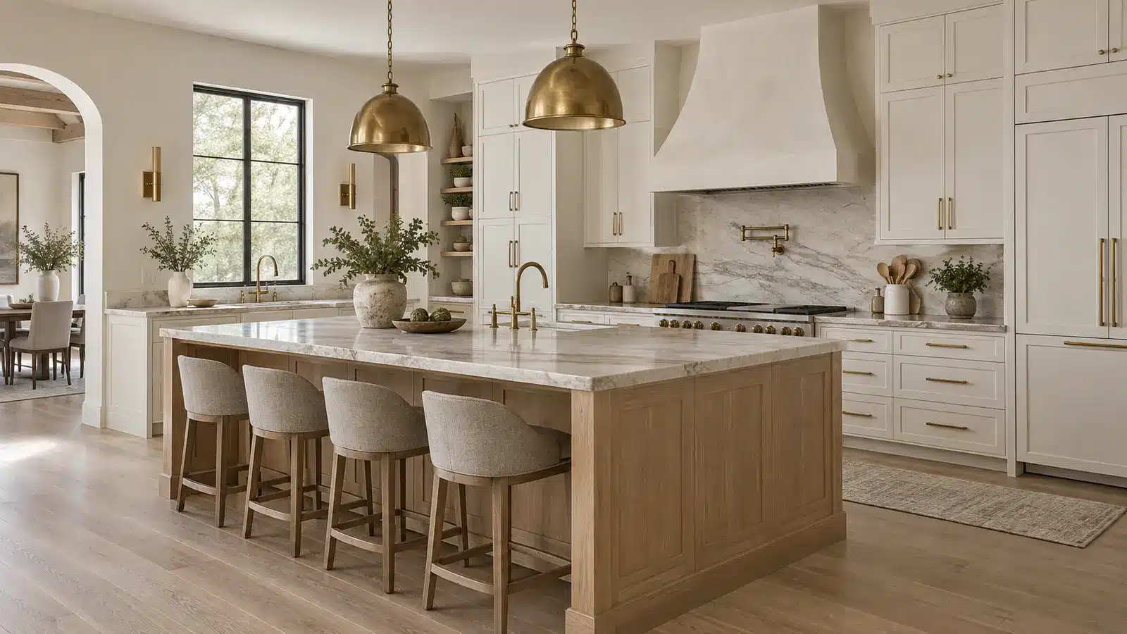 Two-tone kitchen with a white oak island and painted white perimeter