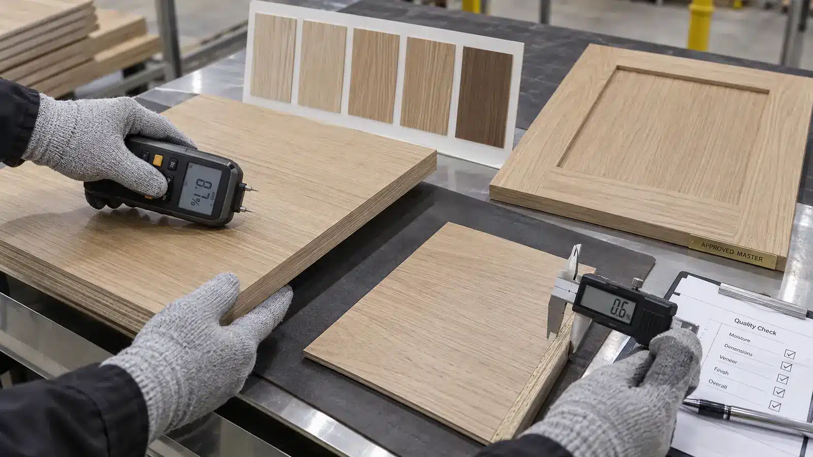 Factory quality check for white oak cabinet moisture and veneer thickness