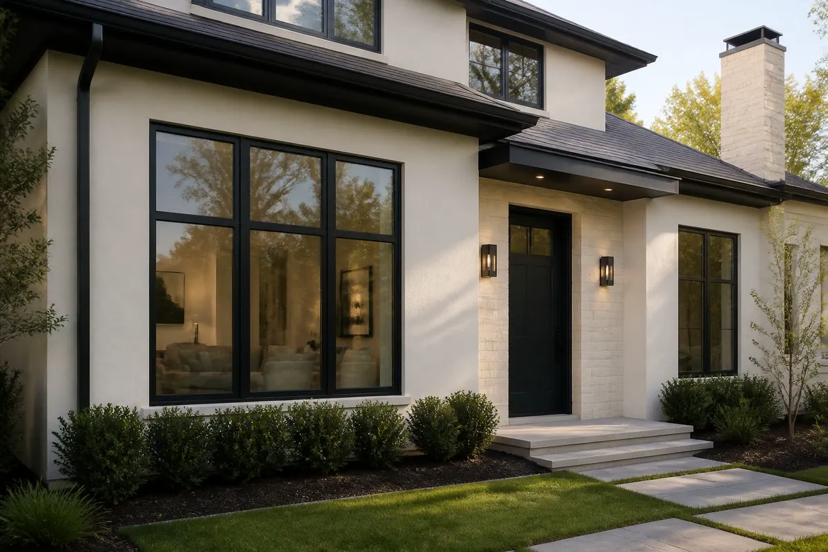 Modern American home exterior with black aluminum windows and a matching entry door