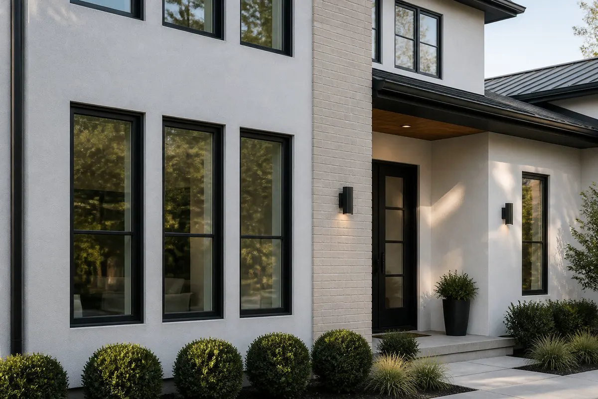 Light stucco facade with repeated black aluminum window frames