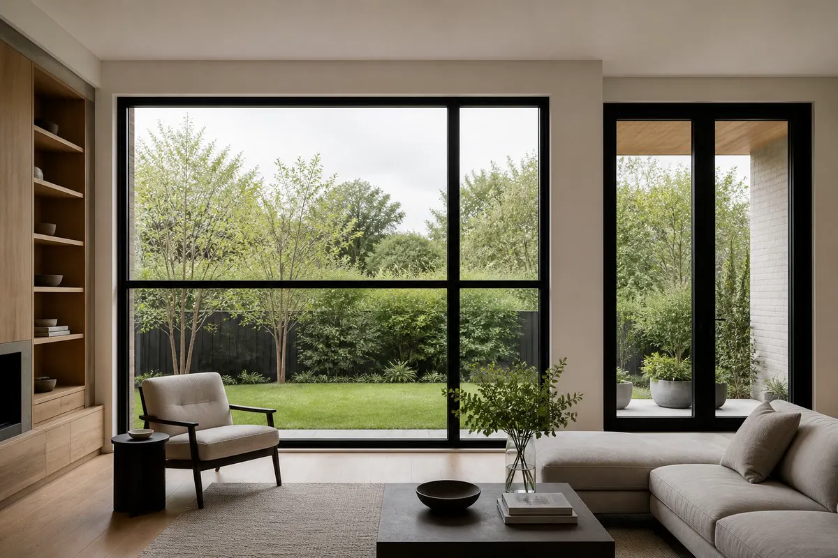 Living room with large black aluminum windows and balanced frame divisions