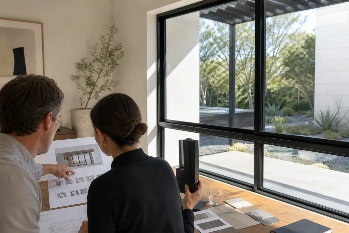 Homeowners reviewing a window schedule beside black aluminum windows