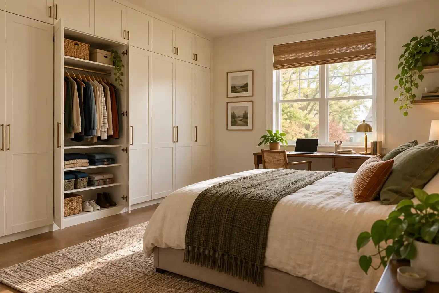 Built-in wardrobe in a secondary bedroom with a desk and bed, concept illustration