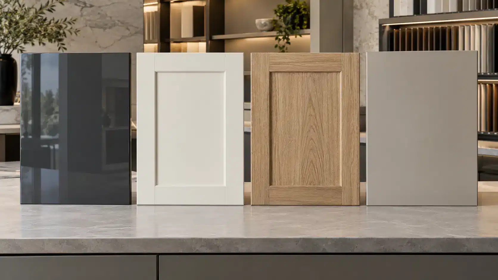 High-gloss, matte paint, stained wood, and UV-cured cabinet samples