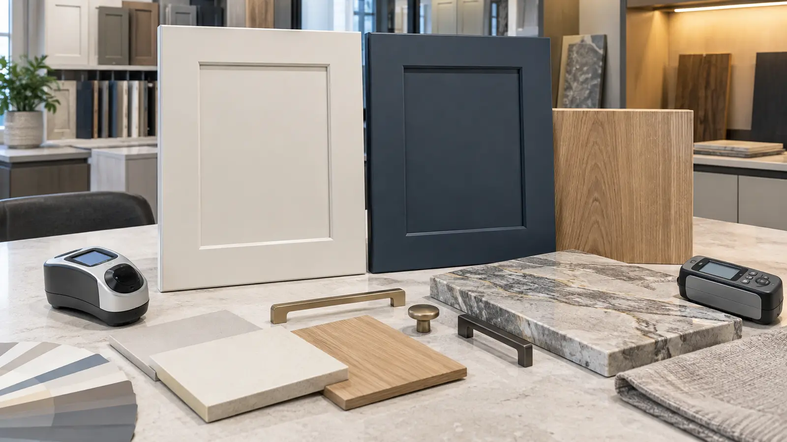 Cabinet finish quality control with off-white, navy and white oak samples