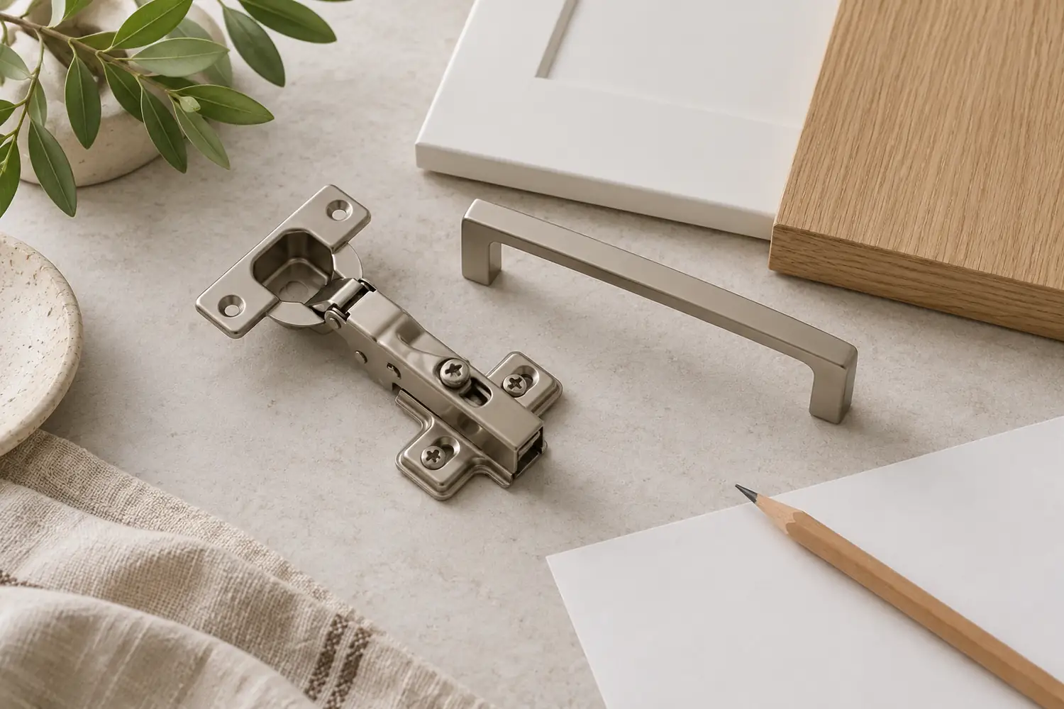 Cabinet hinge and handle beside white and oak finish samples