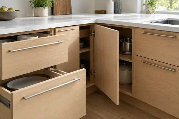 Kitchen cabinet drawer and door hardware clearance at a corner