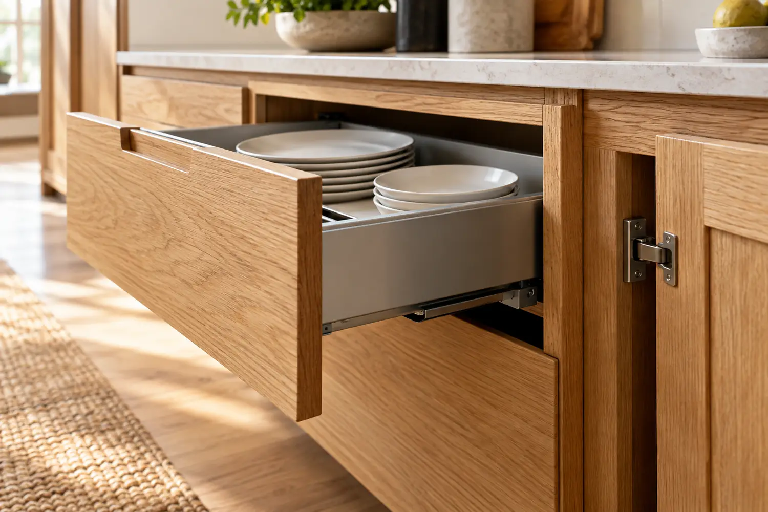 Open kitchen drawer showing metal sides and drawer hardware