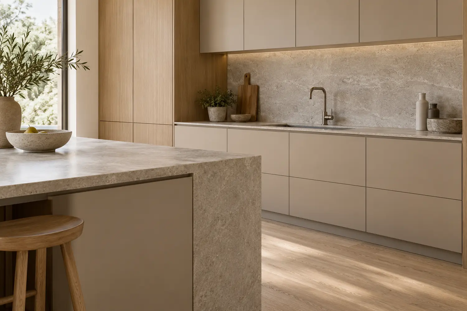 Matte handleless kitchen cabinet fronts with aligned door gaps