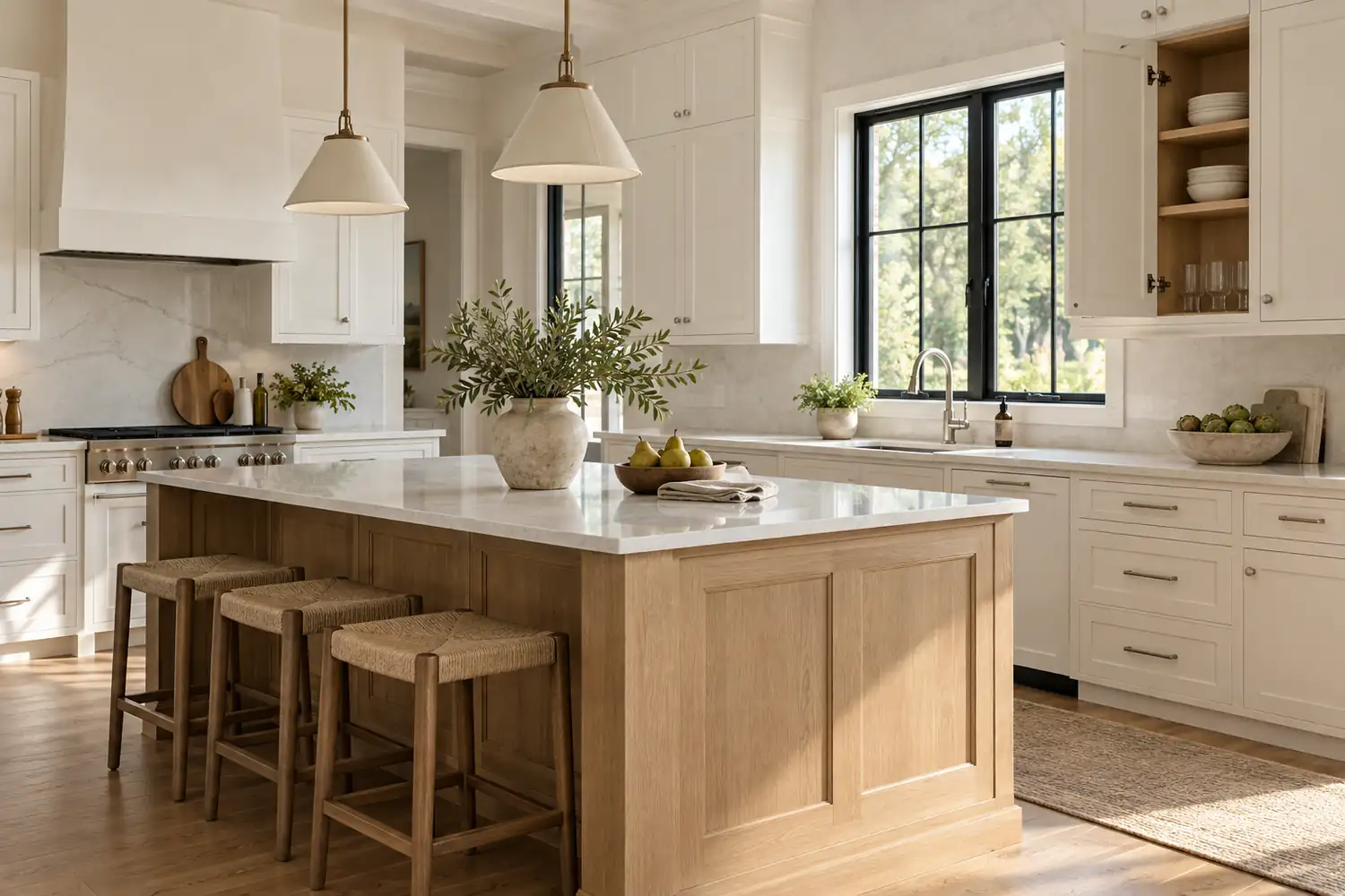 Warm white kitchen cabinets and oak island with concealed door hardware