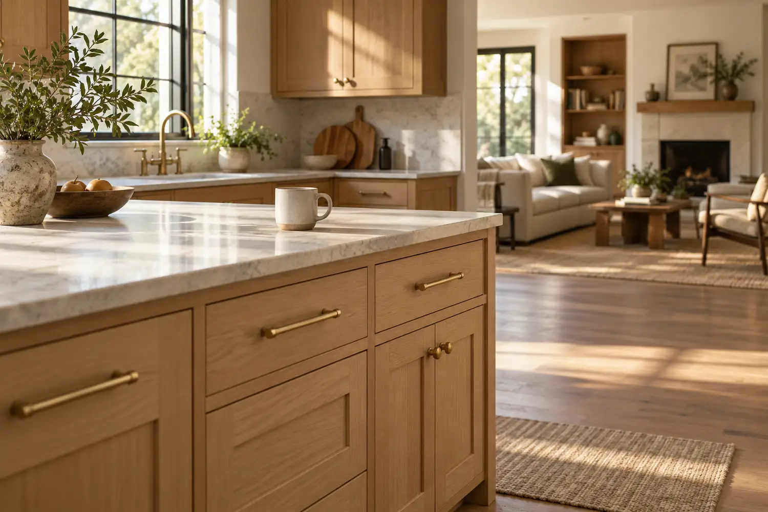 Oak kitchen cabinets beside an open-plan family living area