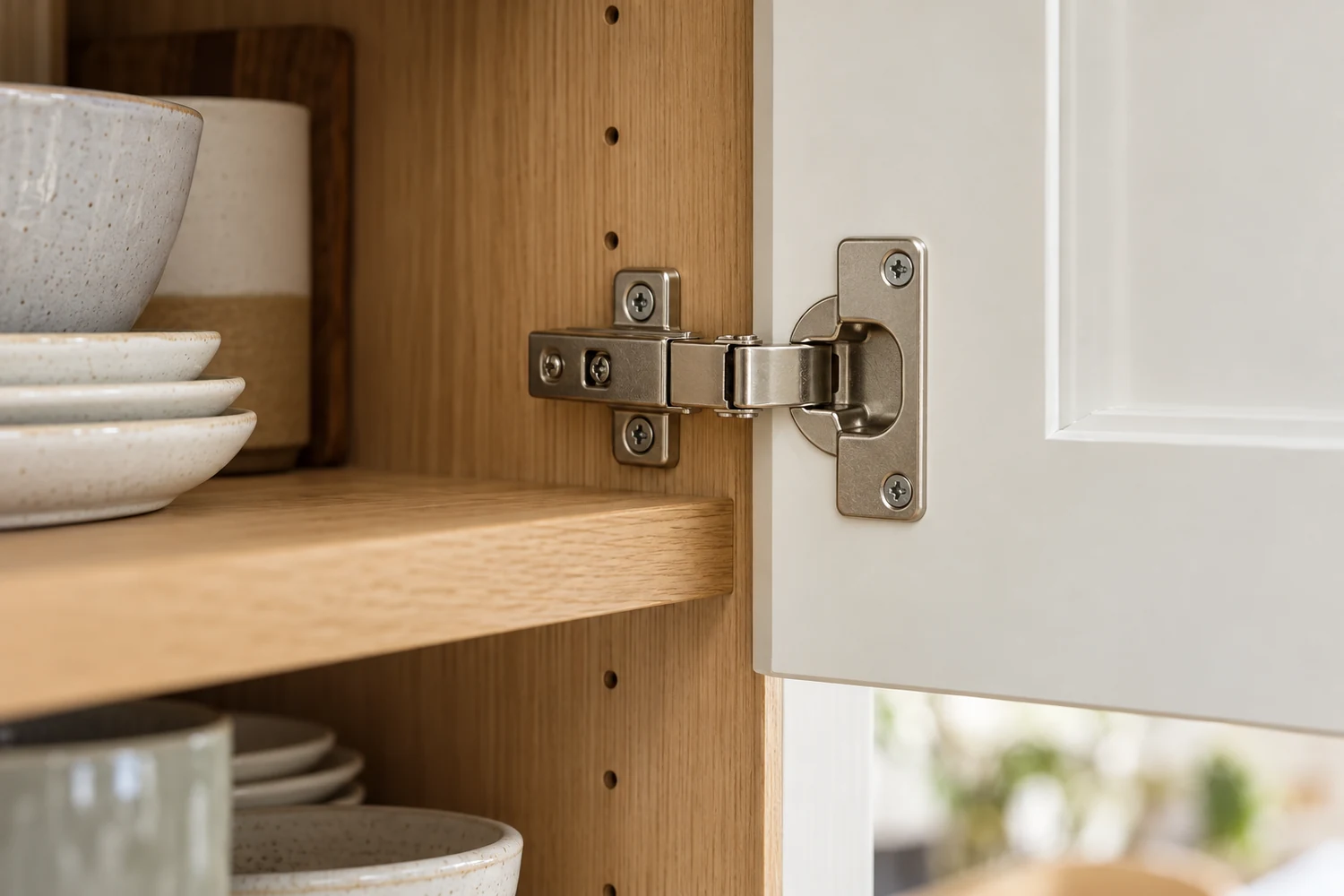 Concealed cabinet hinge connecting a white door to an oak cabinet