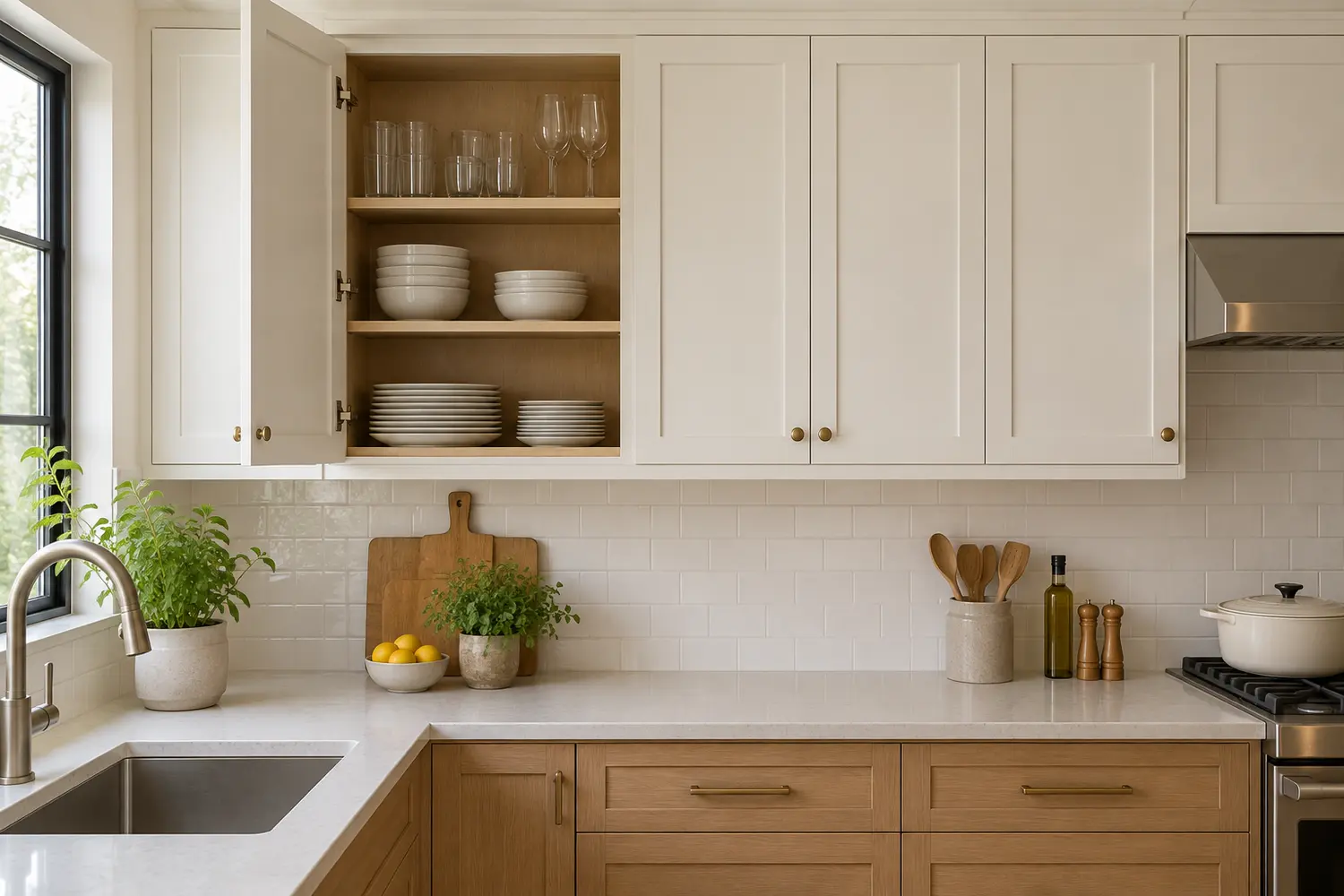 Closed upper cabinets storing everyday plates and glasses in a family kitchen