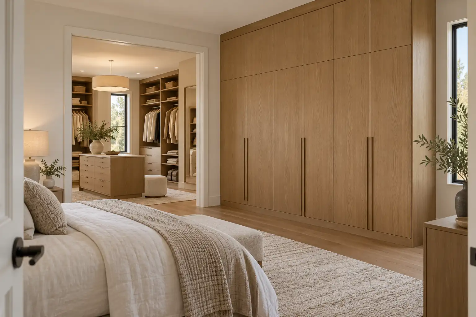 Bedroom with an oak built-in wardrobe and a separate walk-in closet, concept illustration