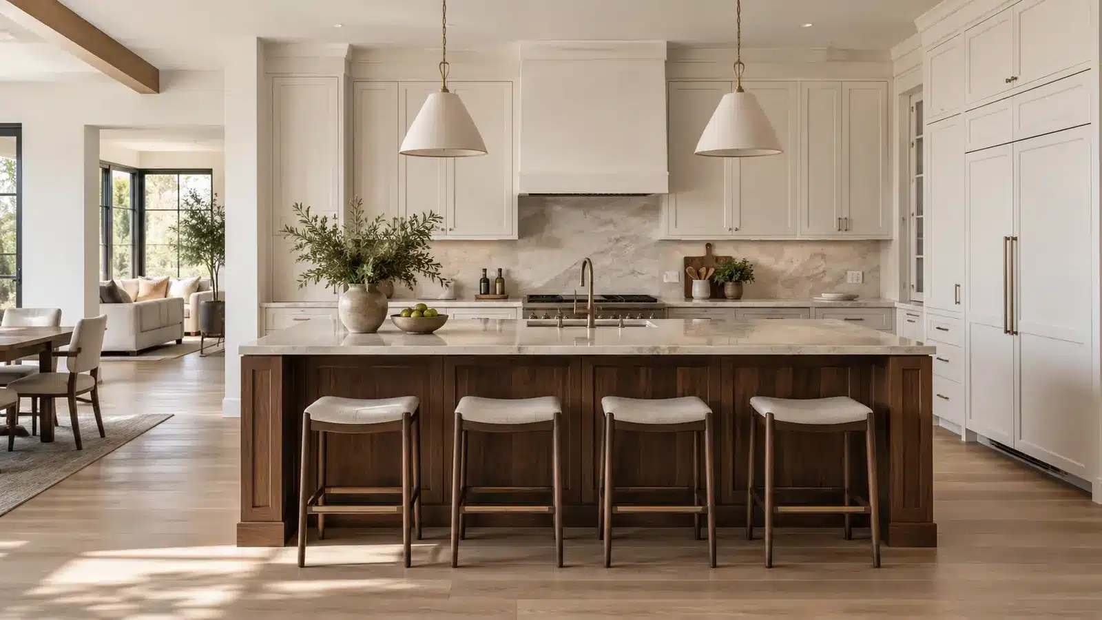 Warm white perimeter cabinets with a contrasting dark walnut kitchen island
