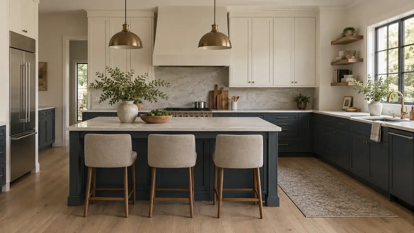Dark charcoal-blue lower cabinets with warm off-white upper cabinets in a transitional kitchen