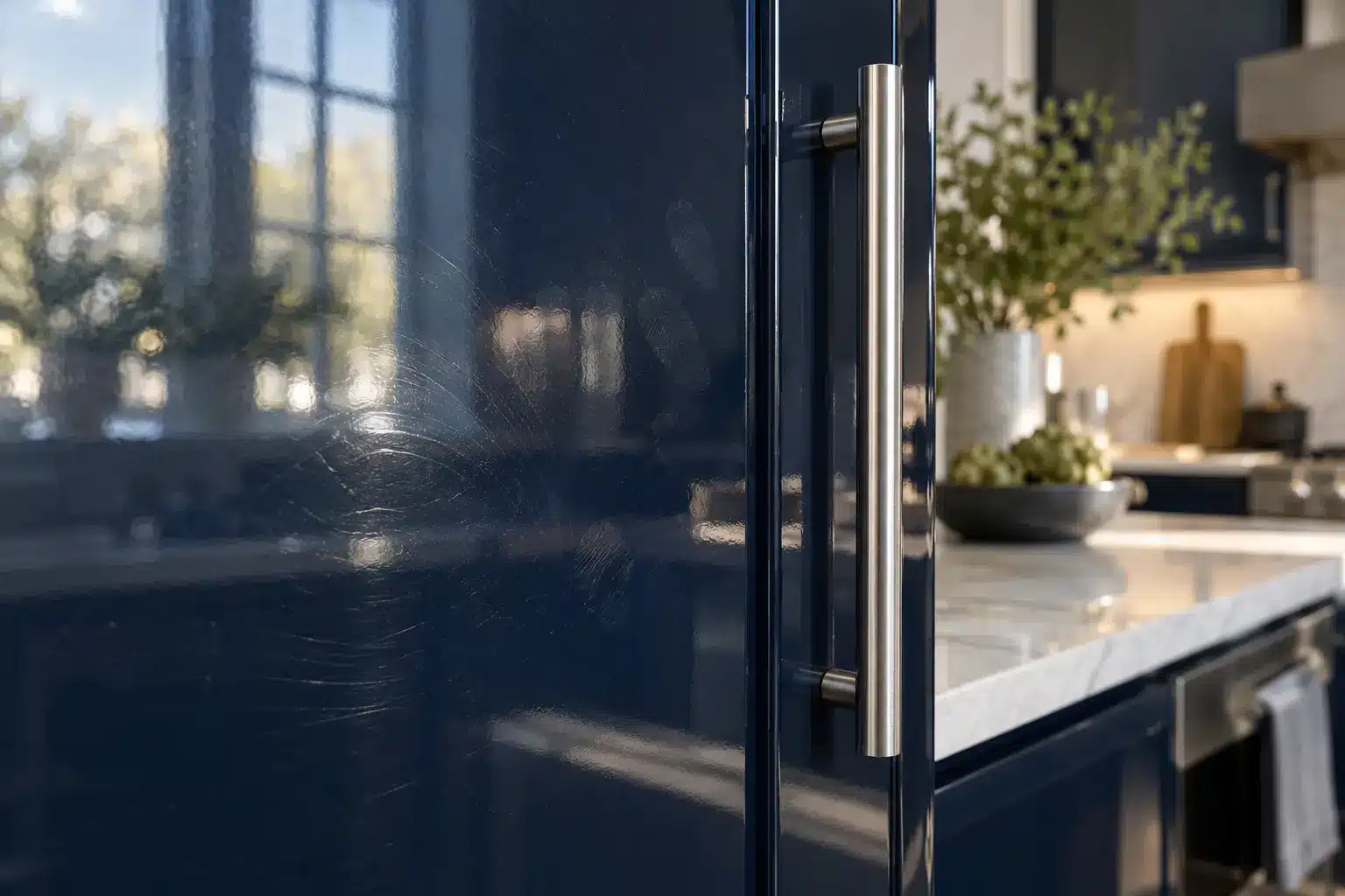 Fine scratches and fingerprints on a high-gloss lacquer cabinet