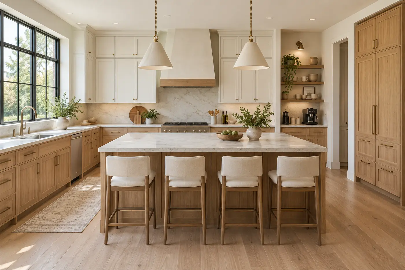 Hybrid new-build kitchen with closed upper cabinets, open shelves, pantry storage, and an open window wall