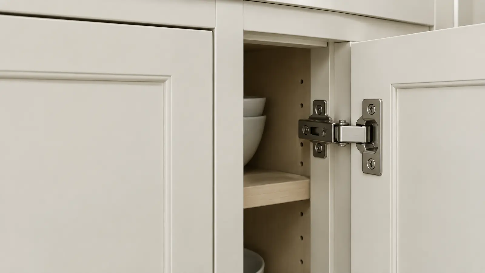 Close-up of an inset cabinet hinge and a narrow consistent door reveal