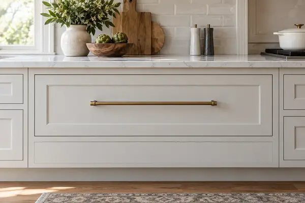 Long cabinet pull centered on a wide kitchen drawer