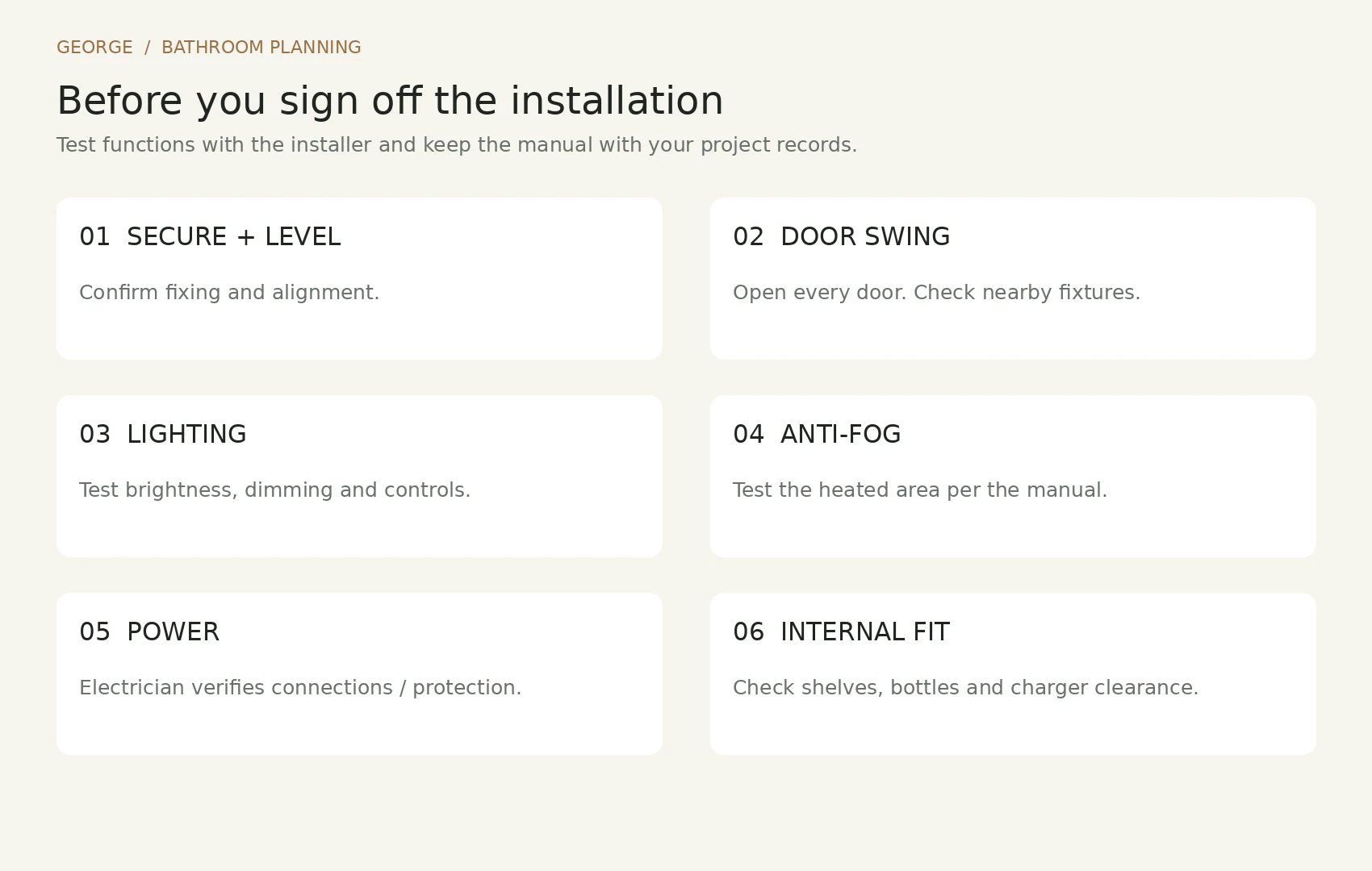 Six final installation checks for a lighted medicine cabinet: fixing, door swing, lighting, anti-fog, power and internal fit