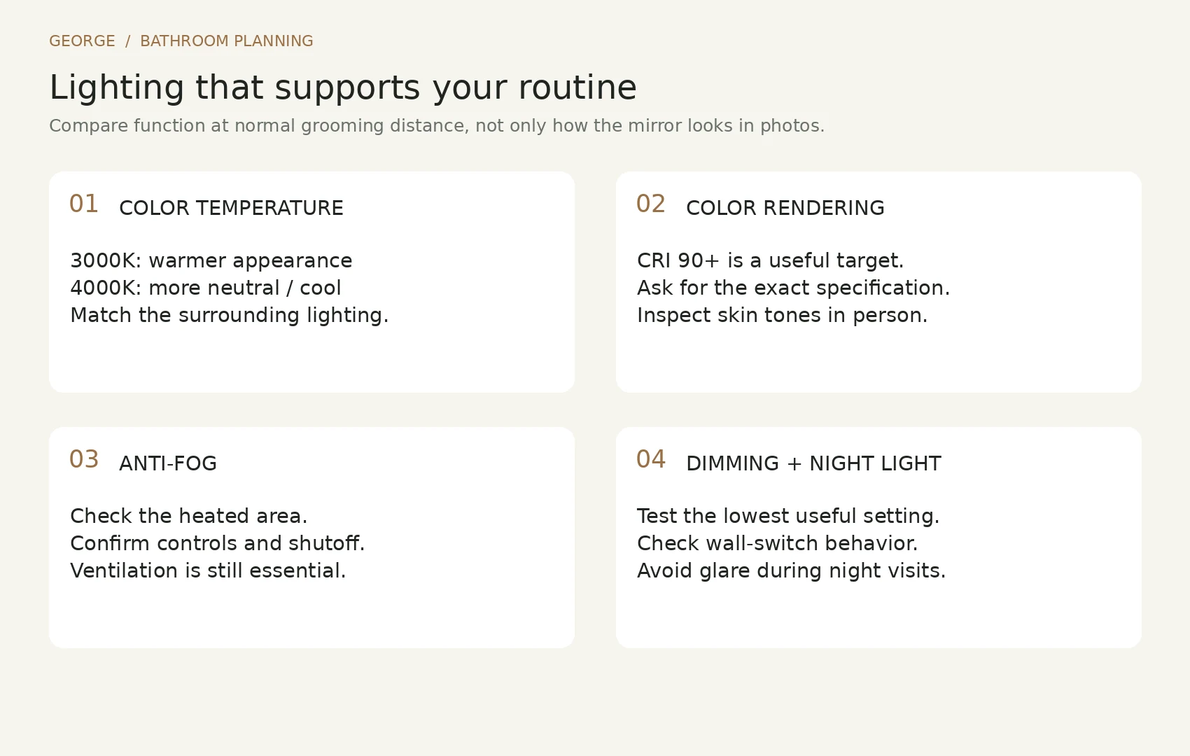 Four lighting features to compare: color temperature, color rendering, anti-fog and dimming with night light