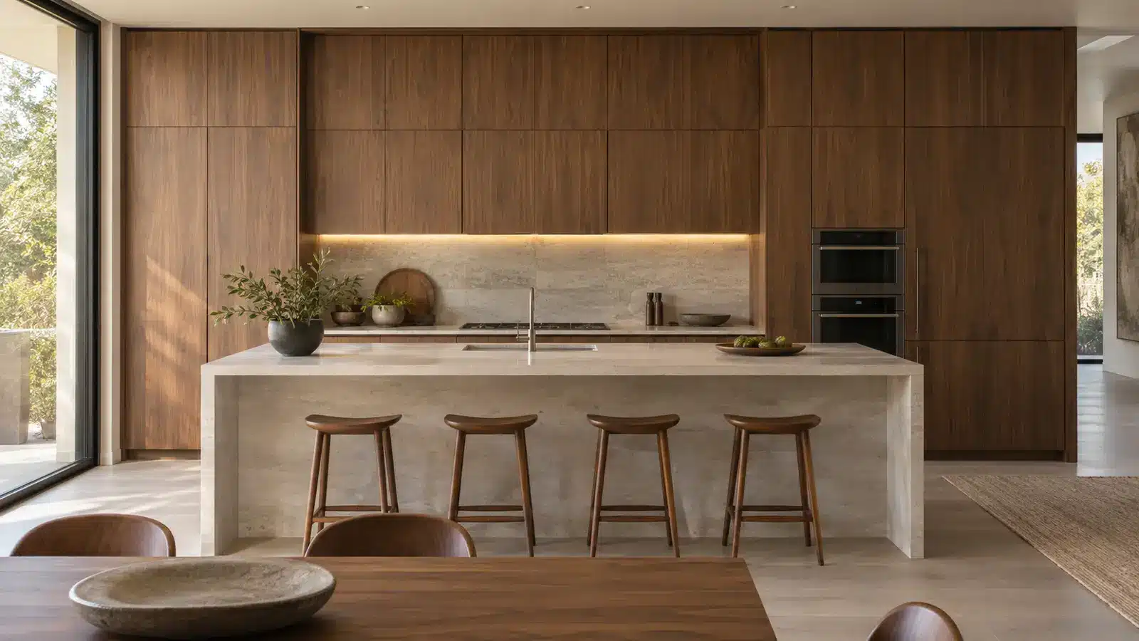 Modern kitchen with grain-matched flat-panel cabinets and clean architectural lines