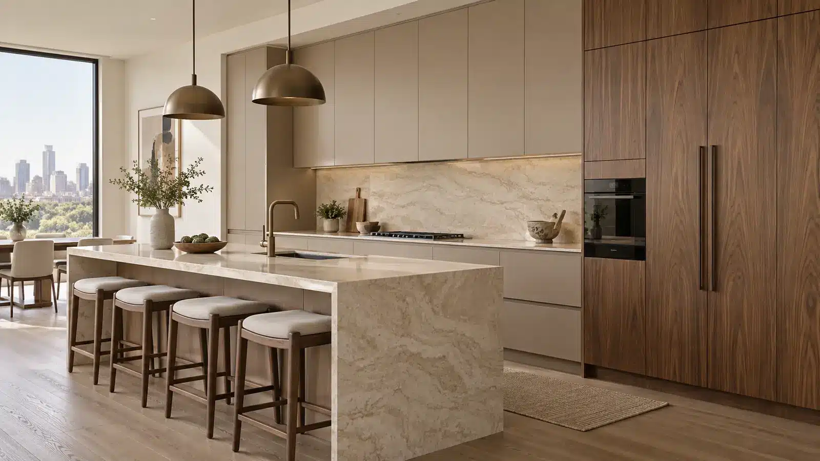 Mushroom lacquer and walnut cabinetry in a modern luxury kitchen