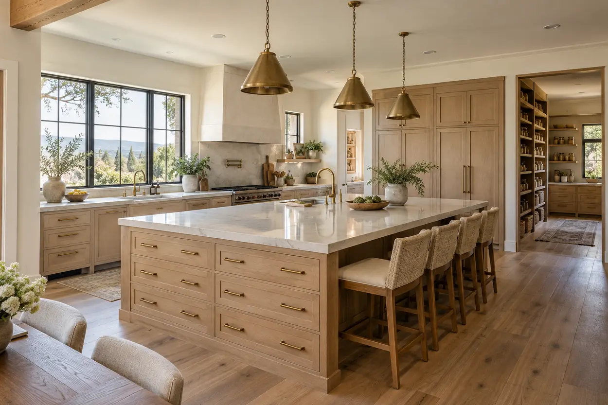 Large no-upper-cabinet kitchen supported by island drawers and a walk-in pantry