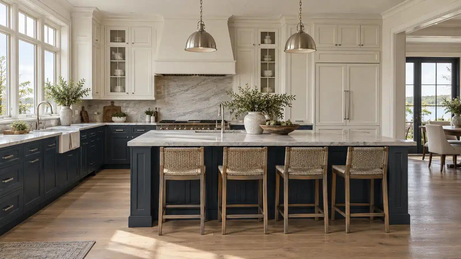 Off-white and muted navy two-tone cabinets in a transitional American kitchen