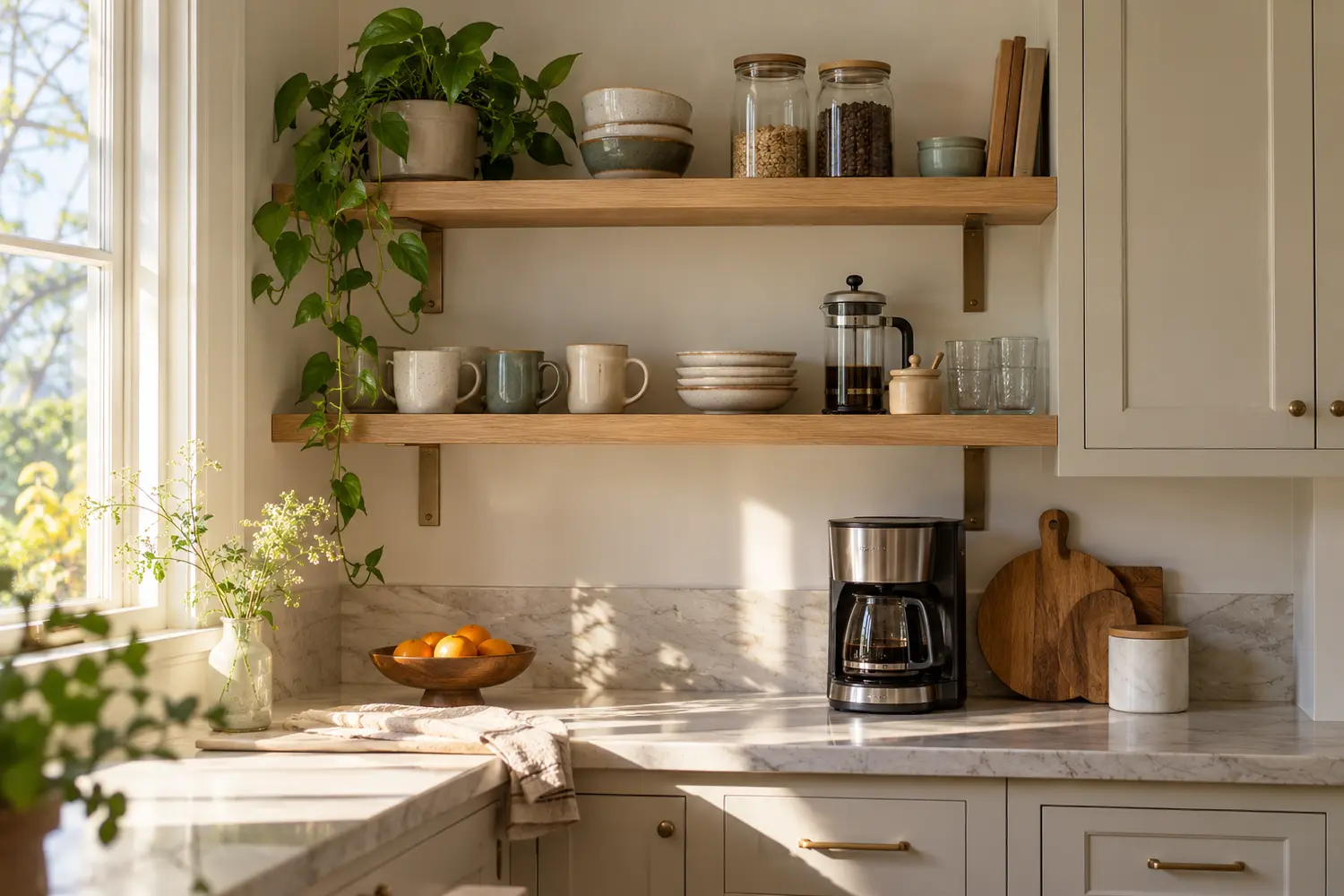 Open oak shelves used for a coffee and breakfast zone away from the range