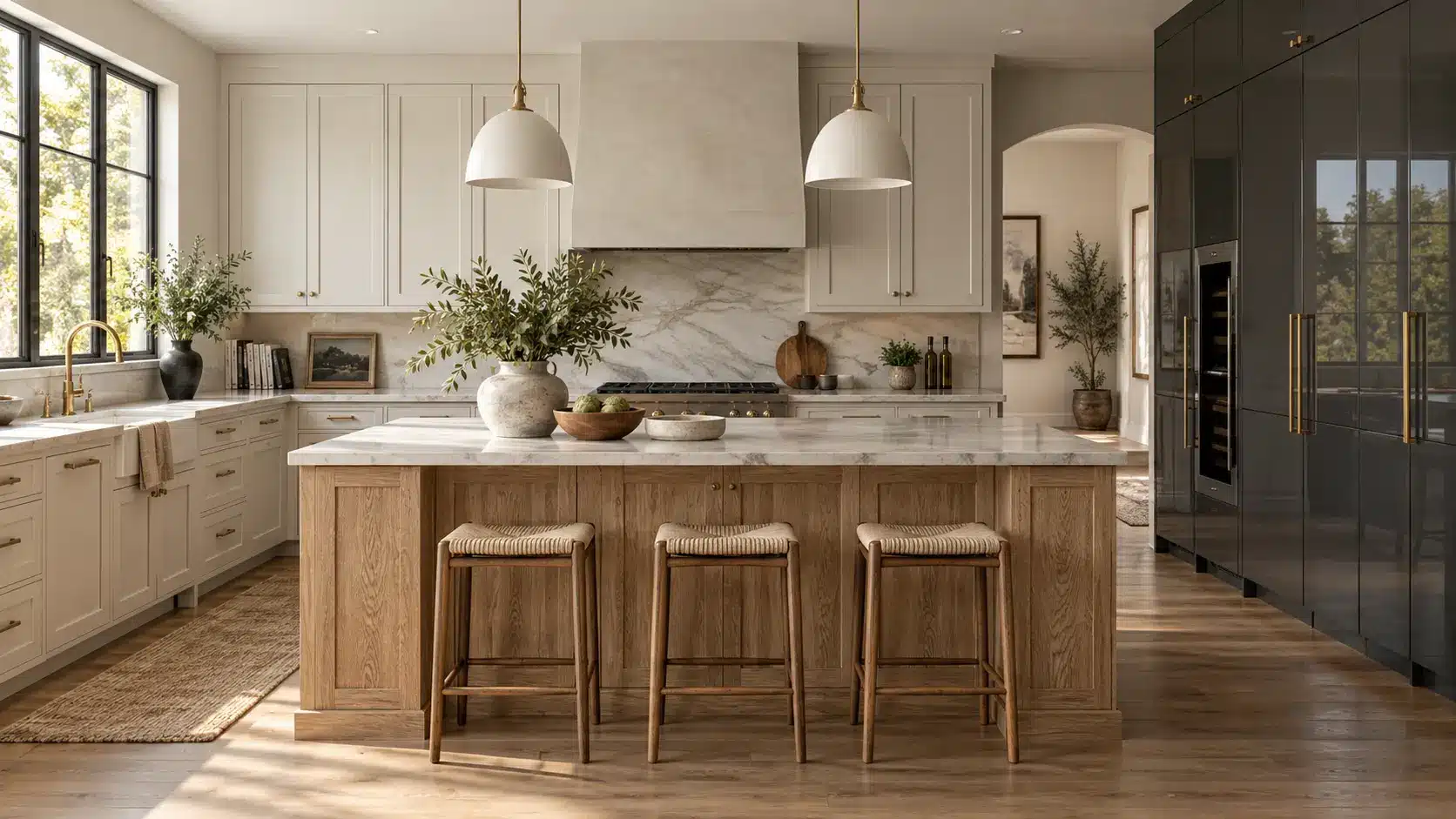 Painted, stained wood, and high-gloss lacquer cabinets in a US kitchen