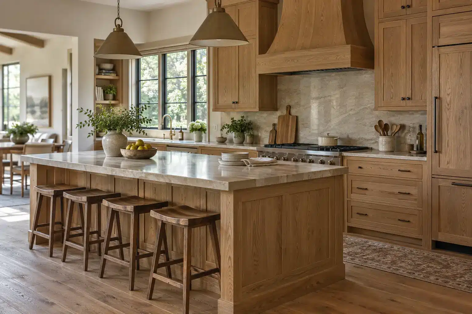 Stained white oak cabinets in a busy US family kitchen