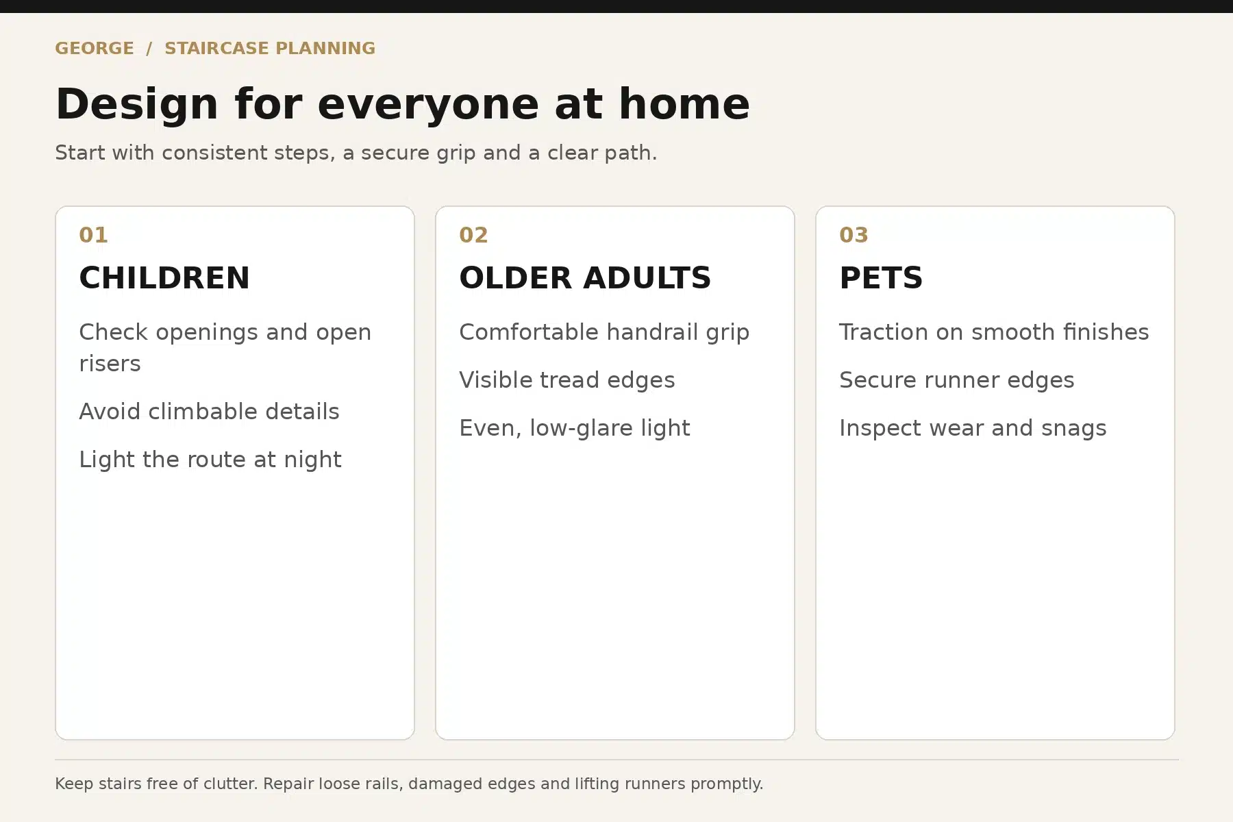 Staircase safety considerations for children, older adults and pets.