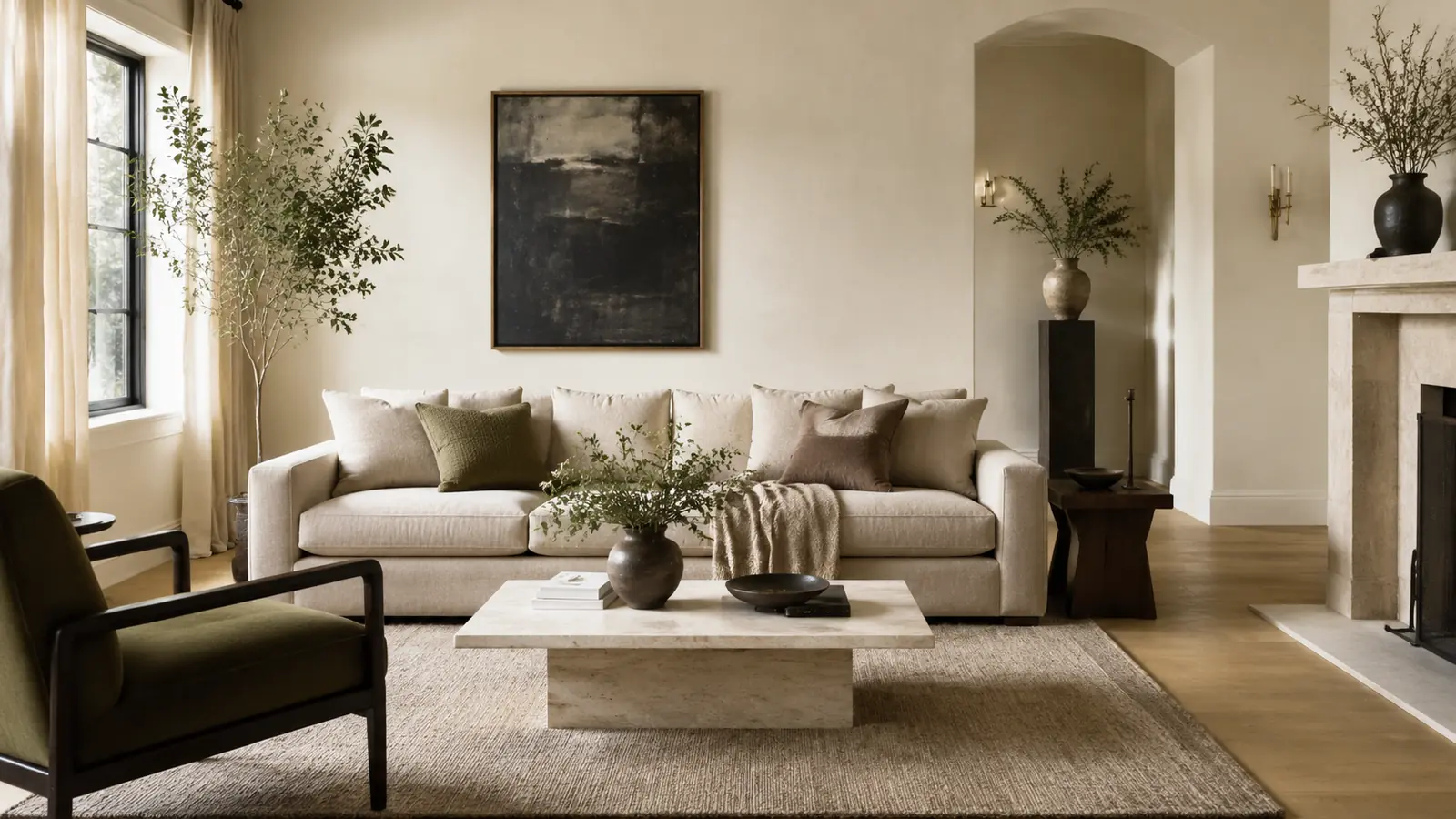 Warm neutral transitional living room with layered ivory, taupe, oak and charcoal tones