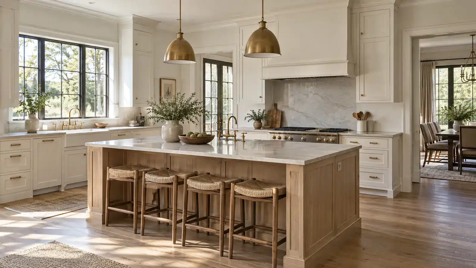 Warm transitional kitchen with slim Shaker cabinets and a white oak island