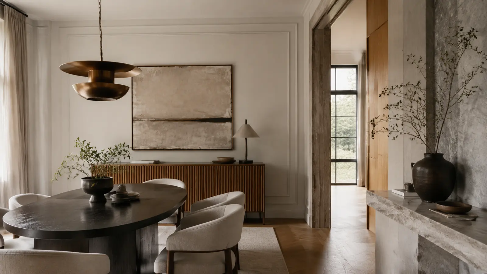 Transitional dining interior combining plaster, honed stone, natural wood, linen and aged metal