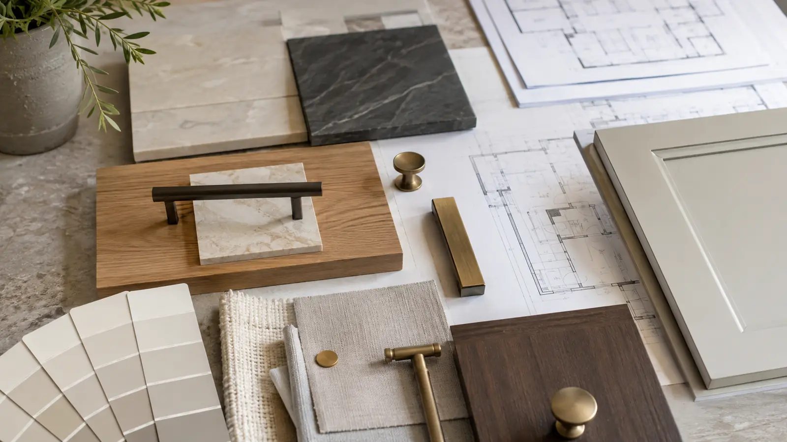 Coordinated transitional interior material palette with oak stone textiles hardware and Shaker cabinet sample