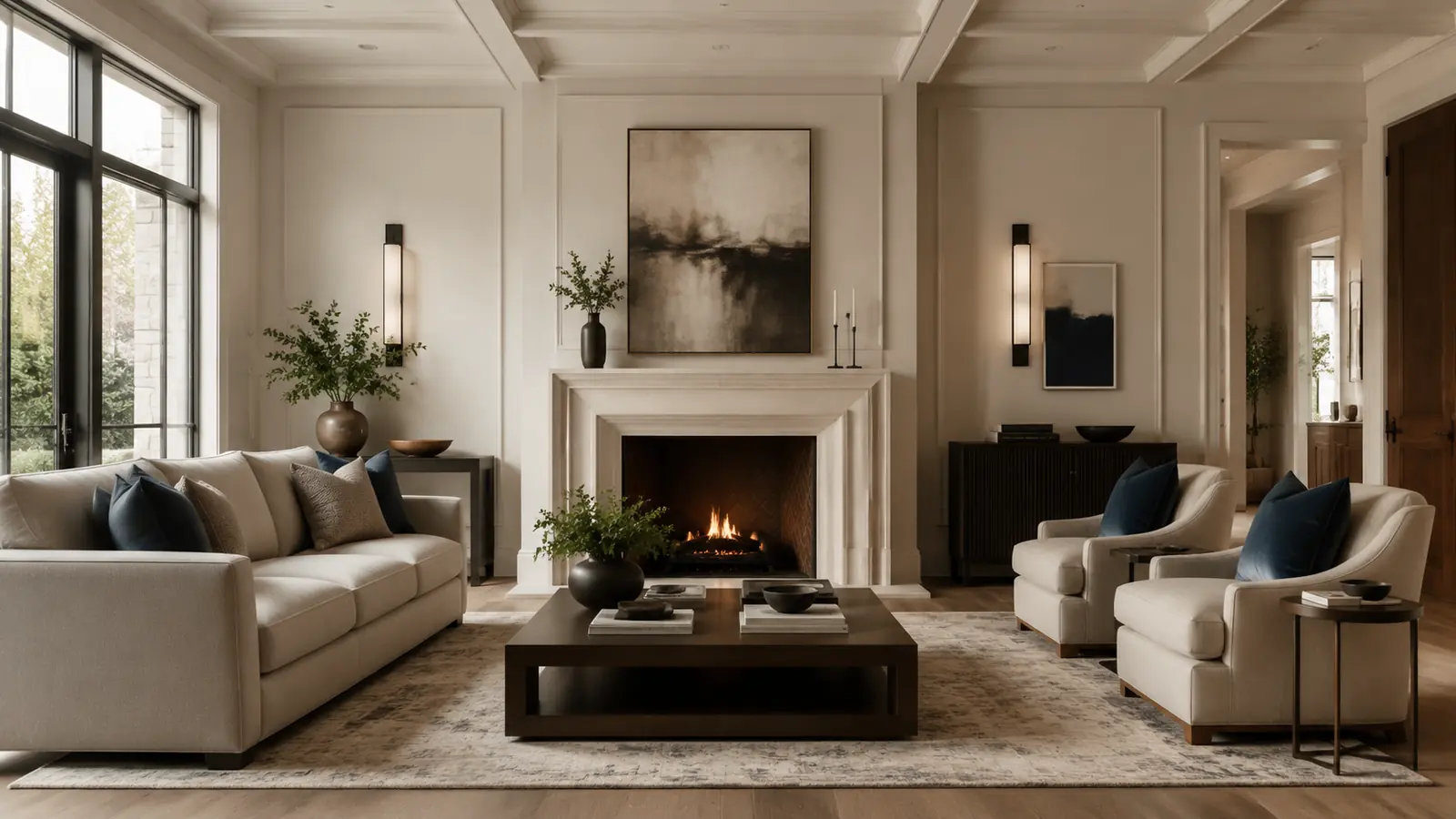 Balanced transitional living room organized around a simplified limestone fireplace