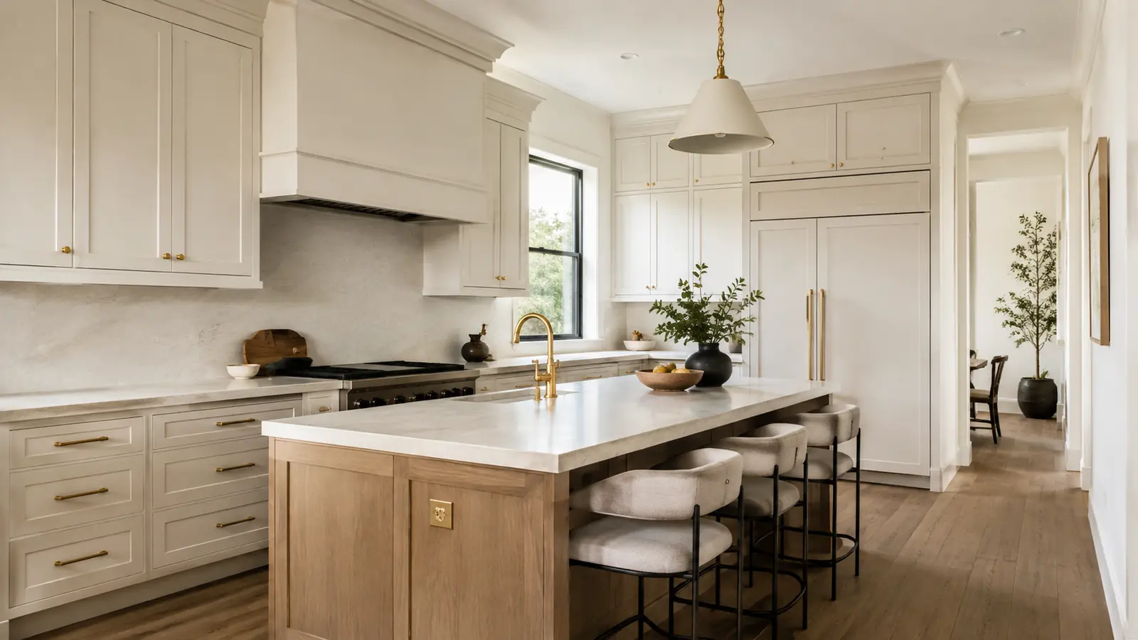 Transitional kitchen with slim Shaker cabinetry, natural white oak and honed stone