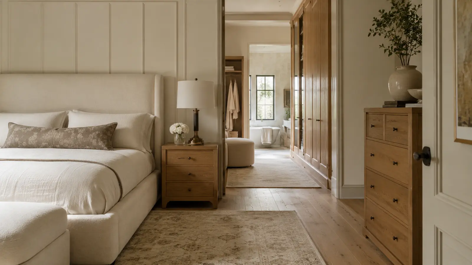 Connected transitional bedroom dressing area and bathroom using one warm material language