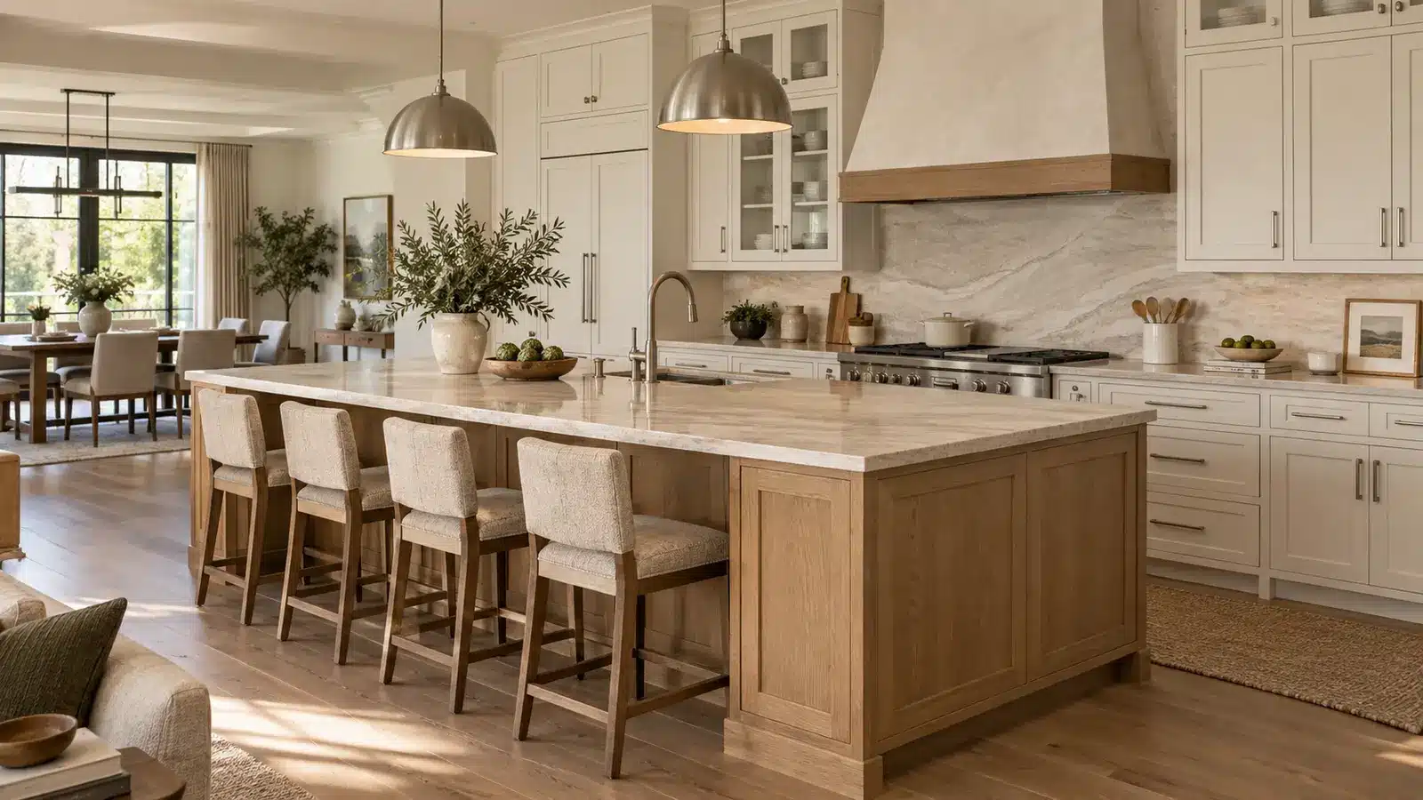 Timeless two-tone kitchen with warm off-white cabinets and a natural white oak island