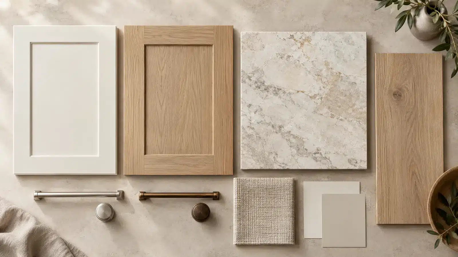 Two-tone kitchen material board with warm white paint, white oak, quartzite and cabinet hardware