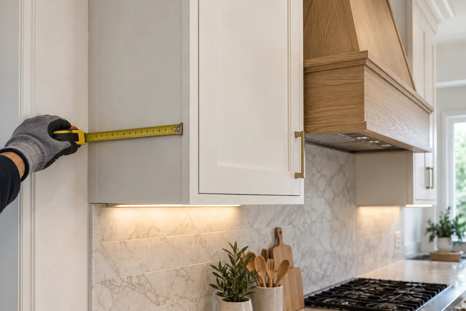 Installer checking the finished depth of an upper kitchen cabinet