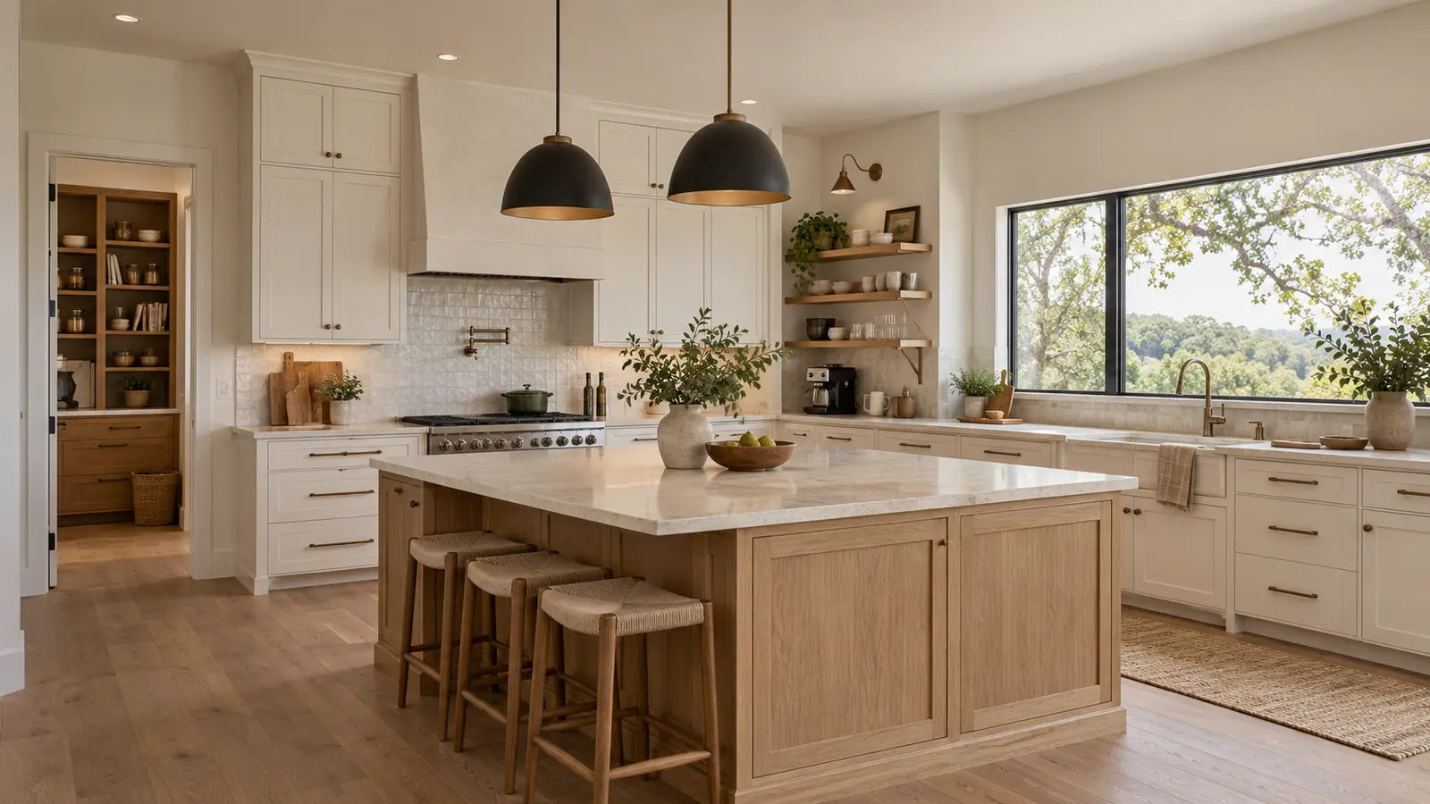 New-build US kitchen combining upper cabinets, open shelving, and a no-upper window wall
