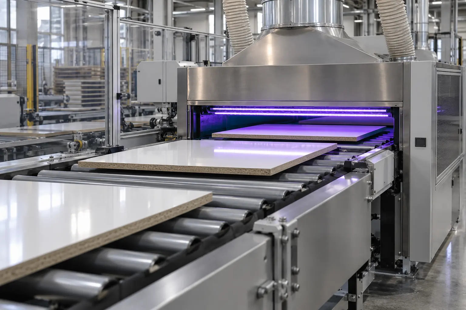 UV curing line for cabinet panel coatings