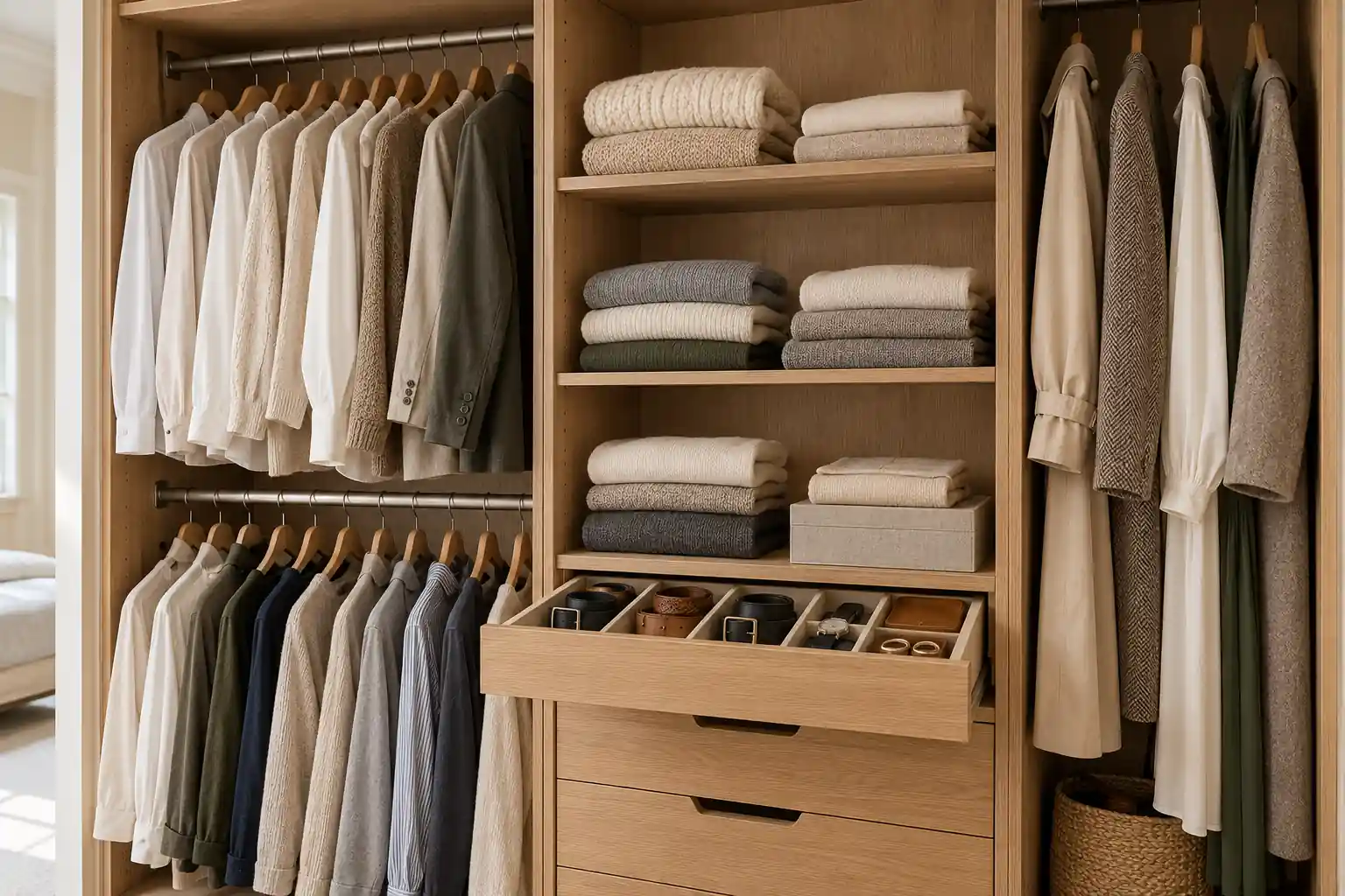 Wardrobe interior with double hanging, long hanging, shelves and drawers, concept illustration